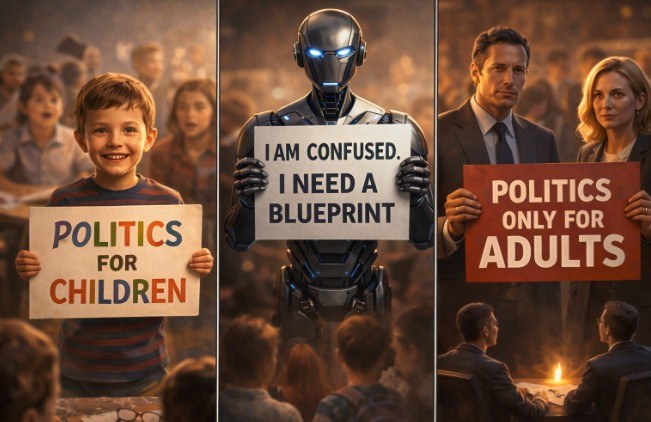 Three panels. A boy in a crowd of children holds a sign reading POLITICS FOR CHILDREN. A robot holds one reading I AM CONFUSED. I NEED A BLUEPRINT. A man and woman in formal dress hold a red sign reading POLITICS ONLY FOR ADULTS.