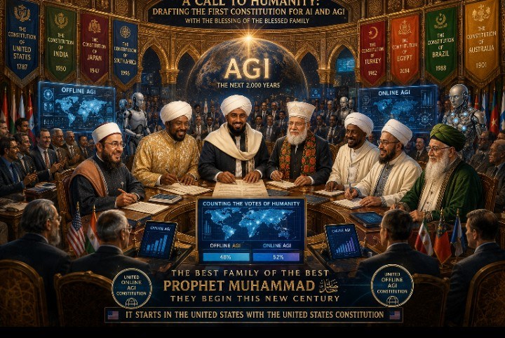 An ornate hall where men in Islamic religious dress sit around a table signing documents. Behind them hang banners for the constitutions of the United States 1787, India 1950, Japan 1947, South Africa 1996, Turkey 1982, Egypt 2014, Brazil 1988 and Australia 1901, with a globe between them captioned AGI — the next 2,000 years. Screens on either side read OFFLINE AGI and ONLINE AGI; a panel below shows Counting the Votes of Humanity at 48 to 52 per cent. Two seals read United Online AGI Constitution and United Offline AGI Constitution. A line across the bottom reads: it starts in the United States with the United States Constitution.