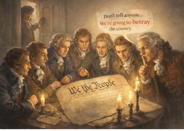 A painting of seven men in eighteenth-century dress crowded around a candlelit table, the Constitution open before them with "We the People" visible. One raises a finger to his lips for silence while another glances at a figure entering the doorway behind them. A speech bubble reads: don't tell anyone, we're going to betray the country.